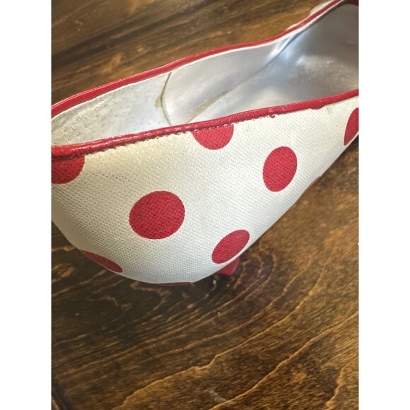 Red White Polka Dot Leather Peep Toe 2.5in Heels Bellini Bow  7 Retro Coquette - Picture 12 of 14